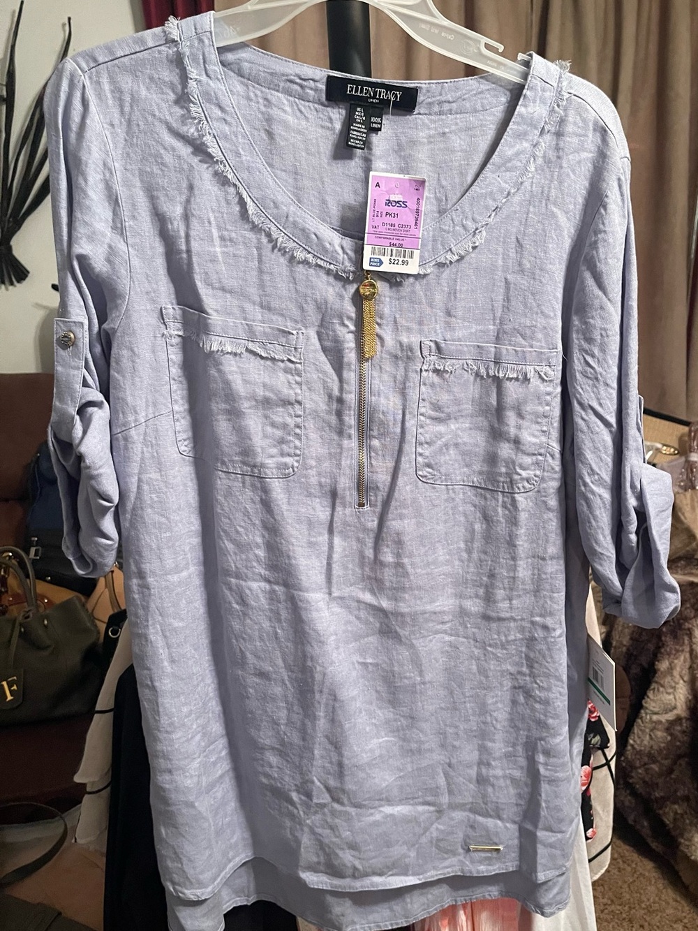 Ellen Tracy Pale Blue Linen-Blend Roll-Tab Shirt with Gold Zip